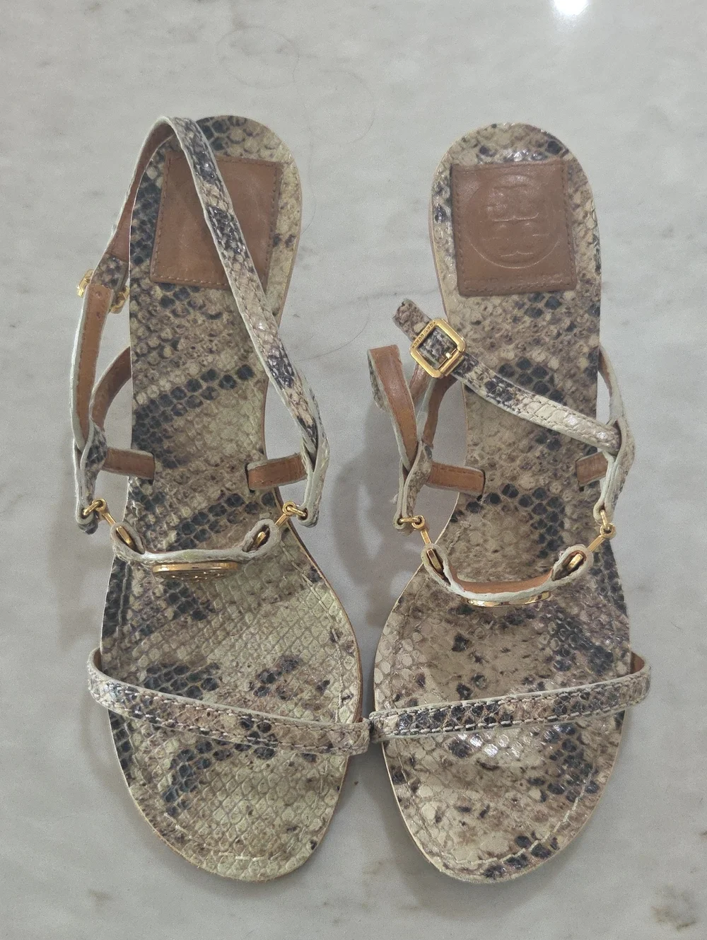 Tory Burch Snake-Print Women’s Strappy Sandals with Gold Hardware